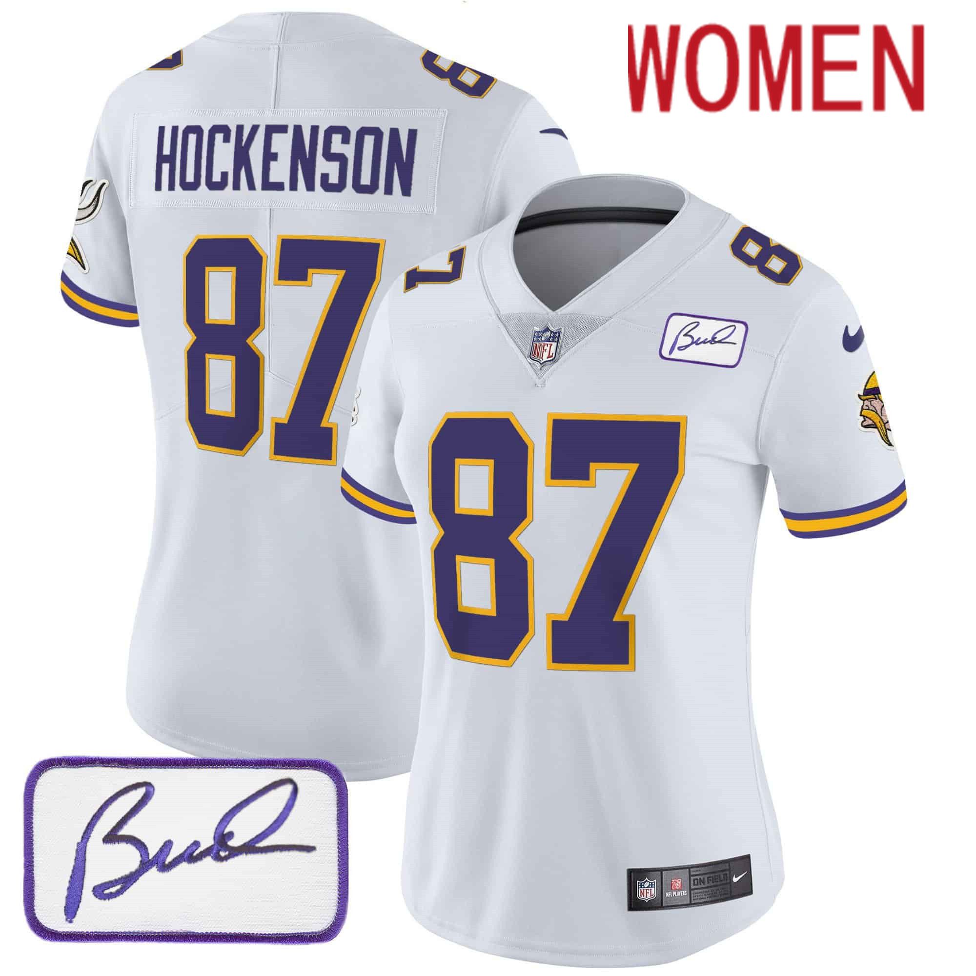 Women Minnesota Vikings #87 Hockenson White 2024 Nike Bud Grant Patch Classic Limited NFL Jersey style 1